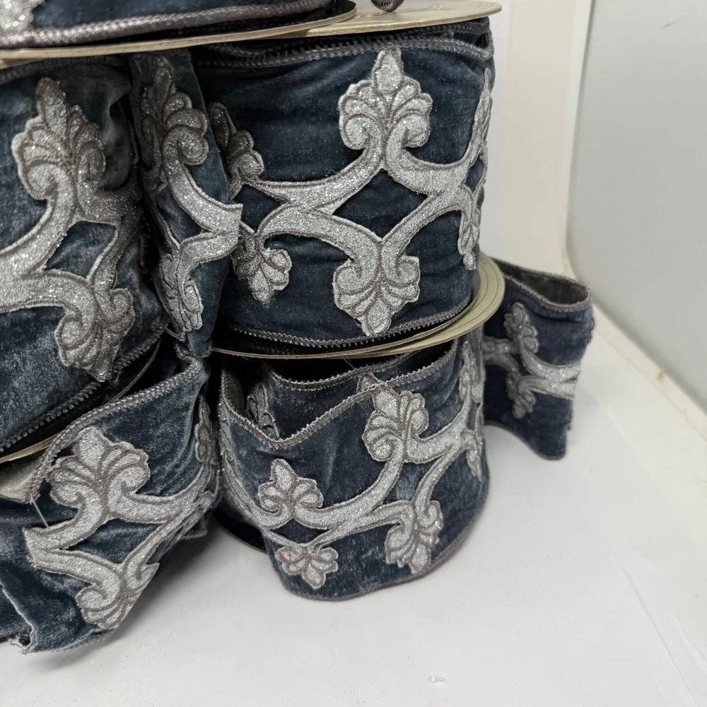 d. stevens French Blue Velvet Ribbon 4in x 5yd Silver Glitter Damask 4002025 Lot